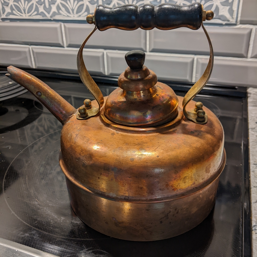 Vintage Copper Tea Kettle with Black Handle